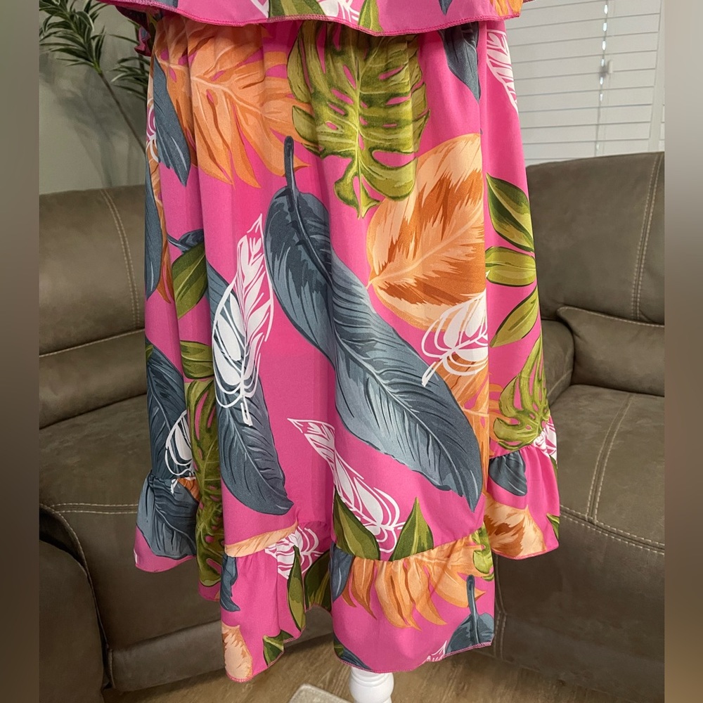NEW Pink Tropical Strapless Ruffle Dress Sz L Large - Picture 6 of 8